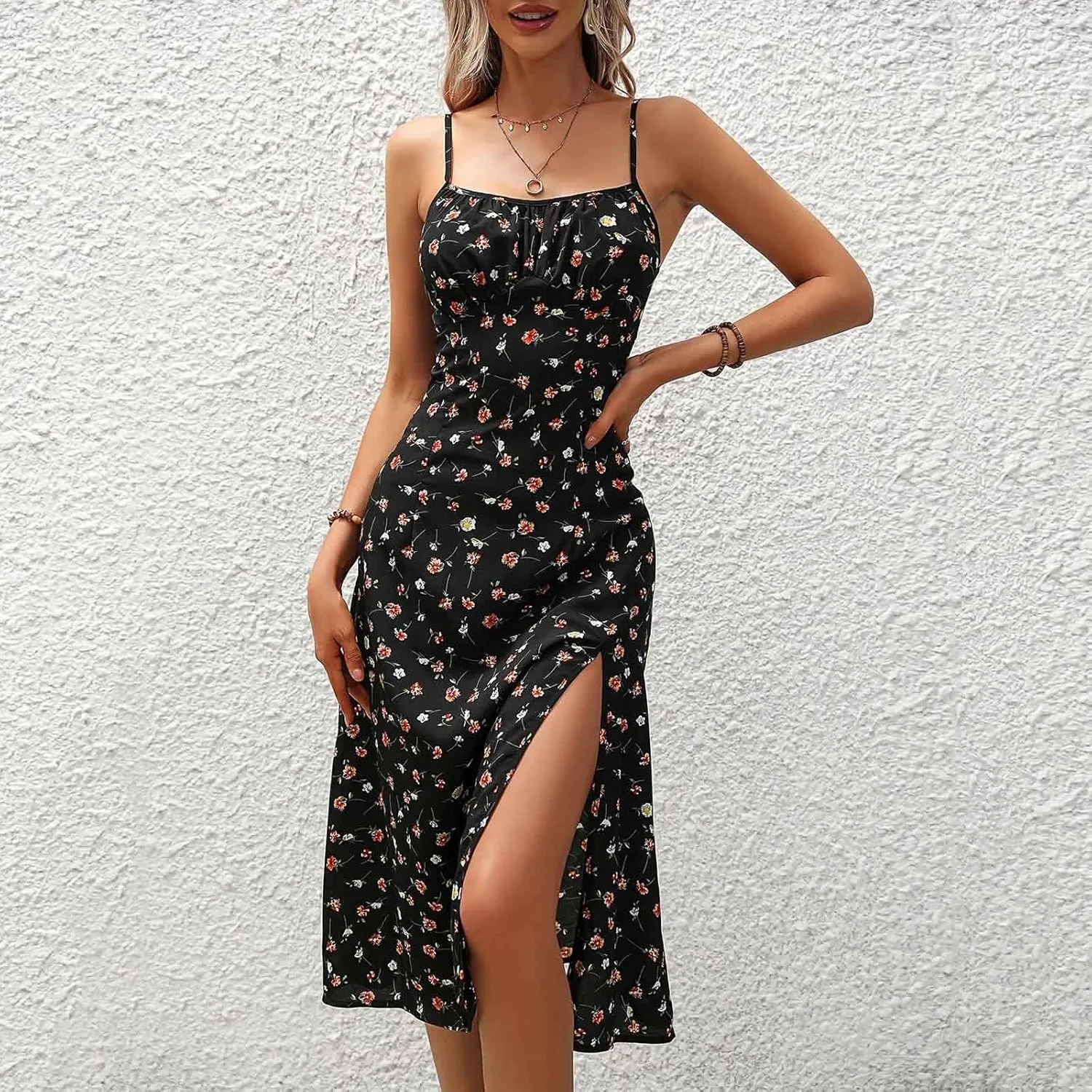 Women Polka Dot Sundresses Spaghetti Strap Summer Floral Dresses Slim Fit Side Slit Midi Dress Sexy A Line Beach Dress