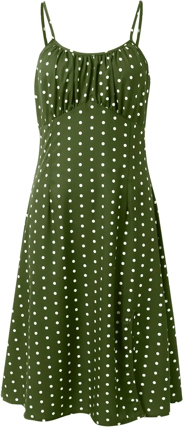 Women Polka Dot Sundresses Spaghetti Strap Summer Floral Dresses Slim Fit Side Slit Midi Dress Sexy A Line Beach Dress
