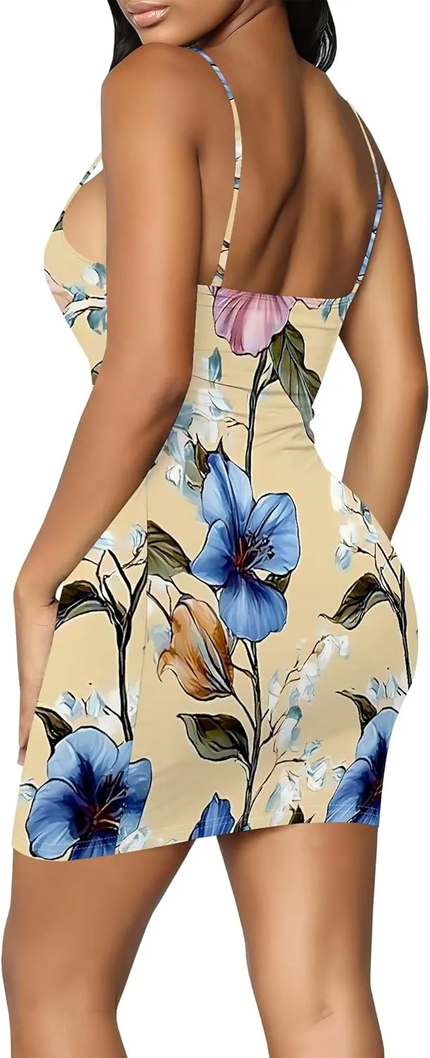 Women Sexy Spaghetti Strap Short Mini Dress Camisole Sundress Summer Floral Dresses Cocktail Party Vacation Clothing