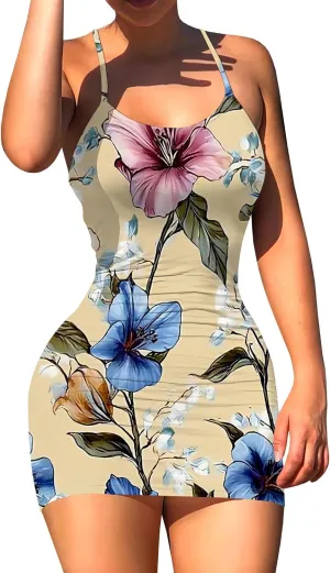 Women Sexy Spaghetti Strap Short Mini Dress Camisole Sundress Summer Floral Dresses Cocktail Party Vacation Clothing