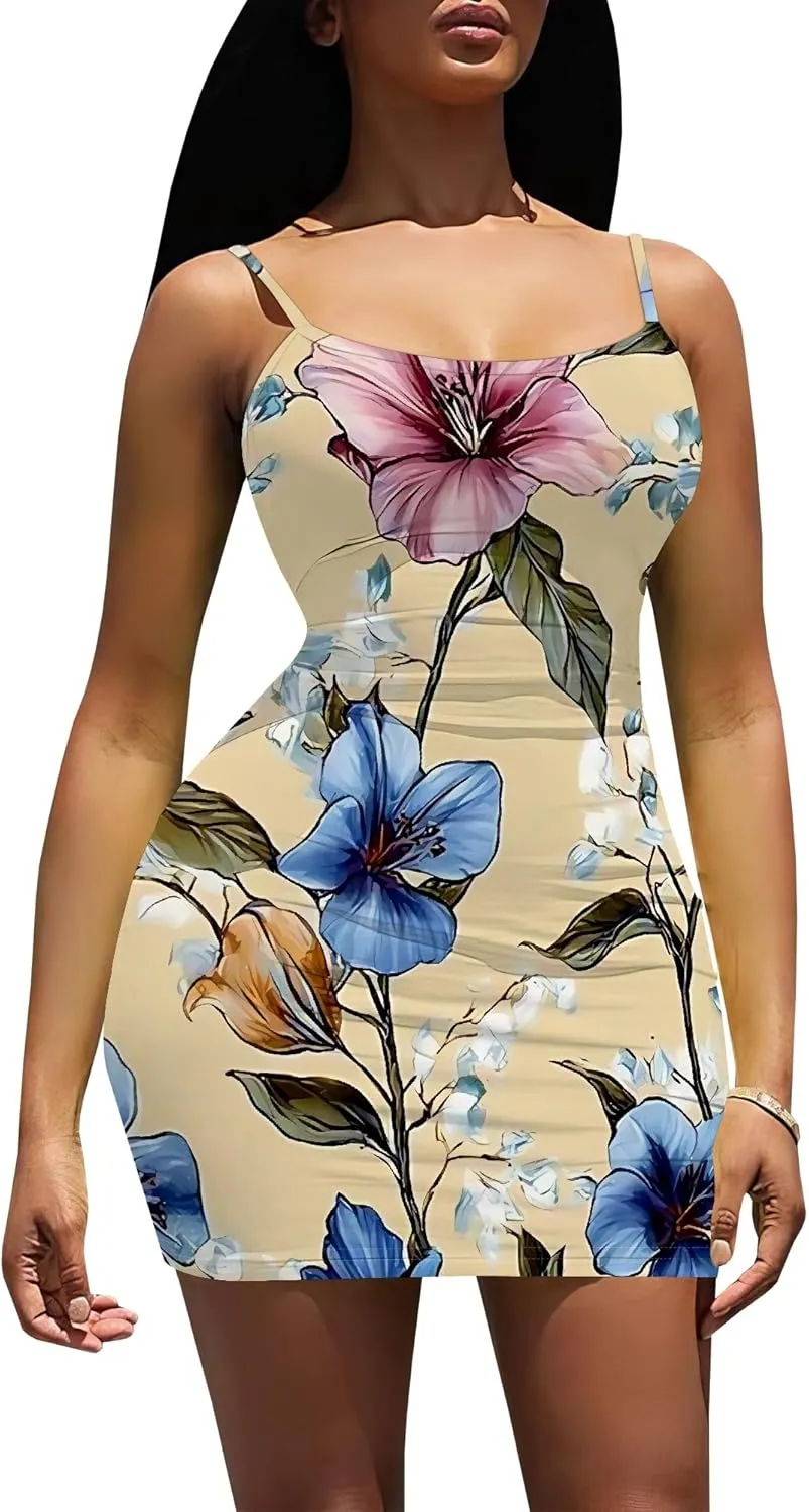 Women Sexy Spaghetti Strap Short Mini Dress Camisole Sundress Summer Floral Dresses Cocktail Party Vacation Clothing