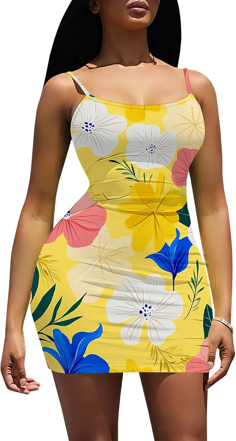 Women Sexy Spaghetti Strap Short Mini Dress Camisole Sundress Summer Floral Dresses Cocktail Party Vacation Clothing