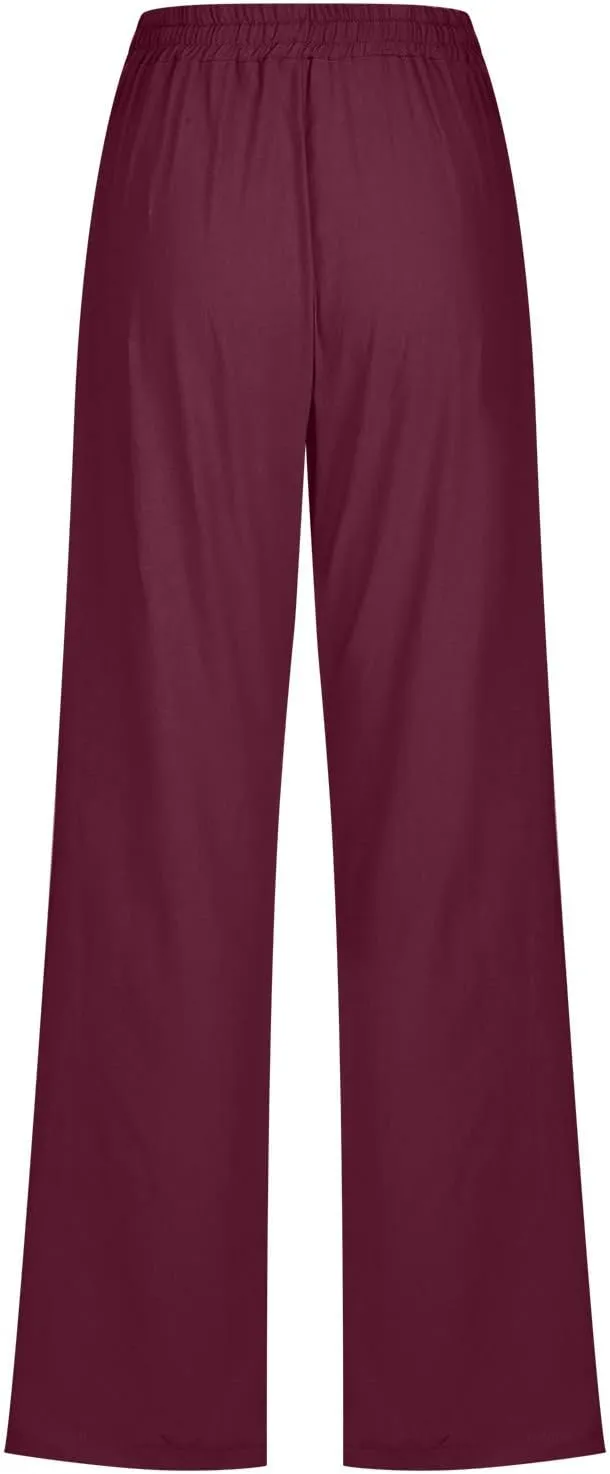 Womens Linen Pants 2025 Summer High Waist Flowy Palazzo Trousers Casual Loose Wide Leg Beach Pants with Pockets