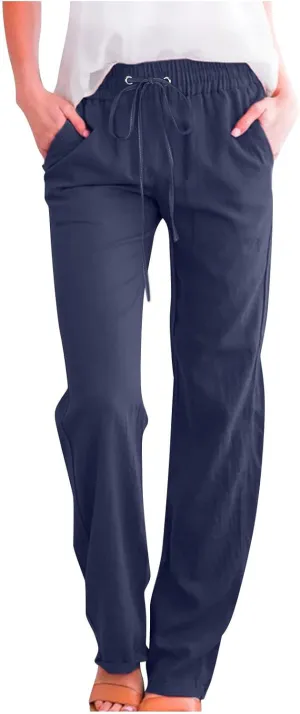 Womens Linen Pants 2025 Summer High Waist Flowy Palazzo Trousers Casual Loose Wide Leg Beach Pants with Pockets