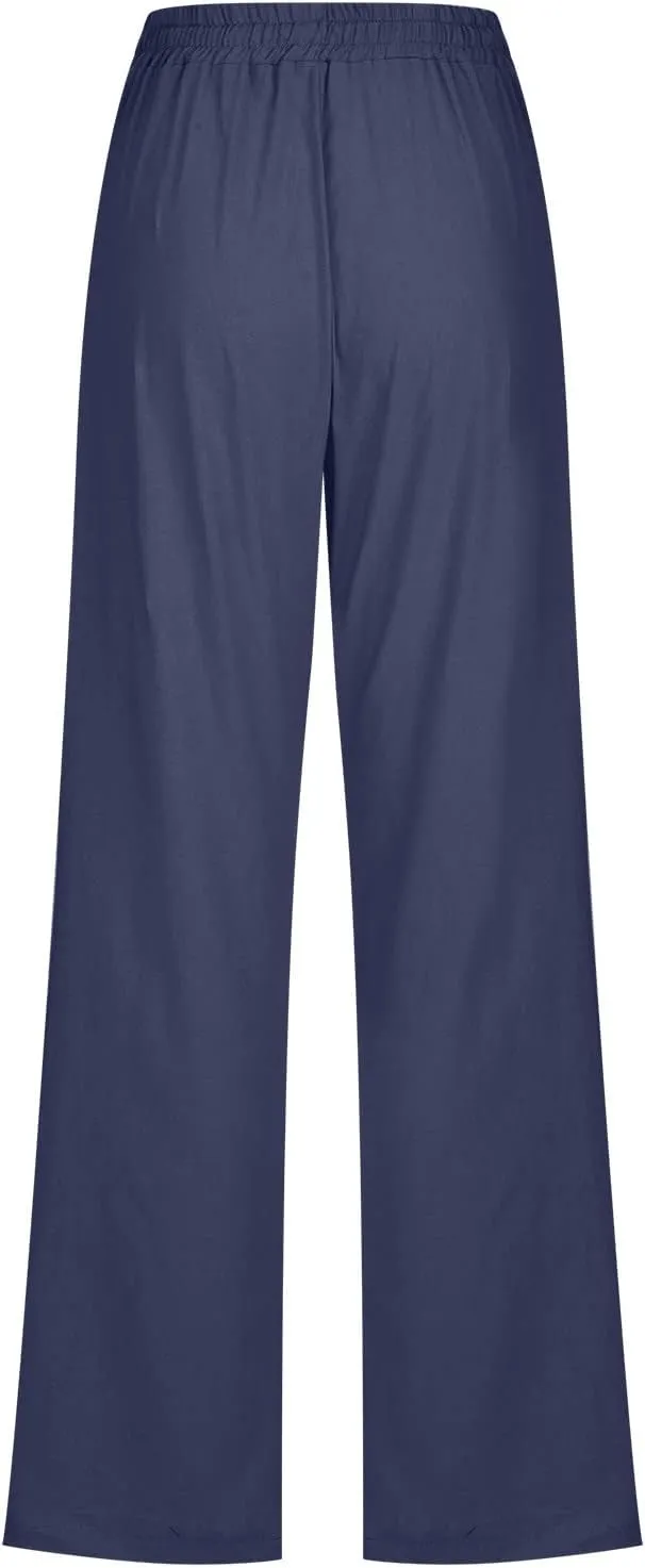 Womens Linen Pants 2025 Summer High Waist Flowy Palazzo Trousers Casual Loose Wide Leg Beach Pants with Pockets