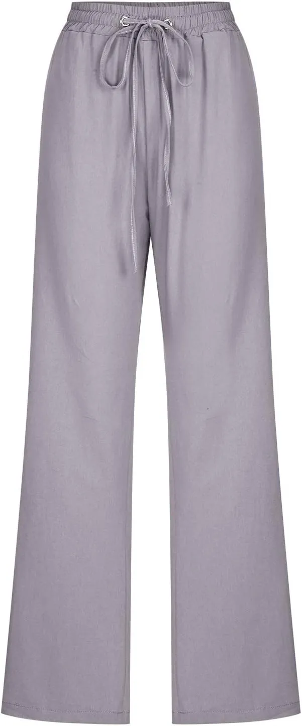 Womens Linen Pants 2025 Summer High Waist Flowy Palazzo Trousers Casual Loose Wide Leg Beach Pants with Pockets