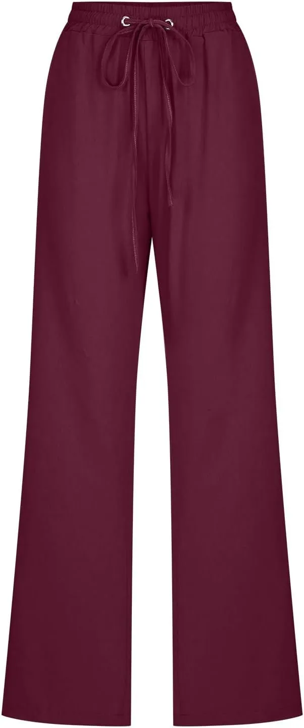 Womens Linen Pants 2025 Summer High Waist Flowy Palazzo Trousers Casual Loose Wide Leg Beach Pants with Pockets