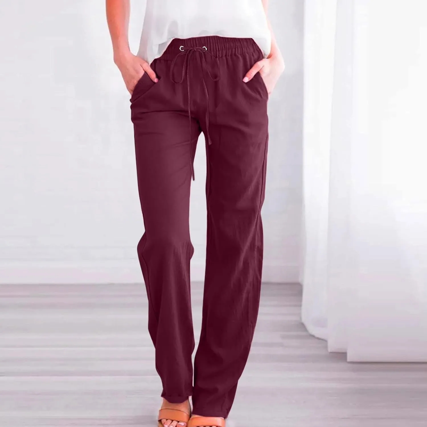 Womens Linen Pants 2025 Summer High Waist Flowy Palazzo Trousers Casual Loose Wide Leg Beach Pants with Pockets