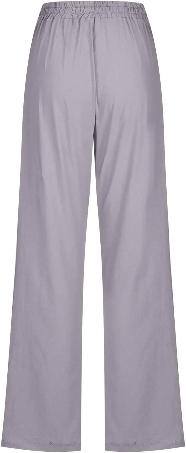Womens Linen Pants 2025 Summer High Waist Flowy Palazzo Trousers Casual Loose Wide Leg Beach Pants with Pockets