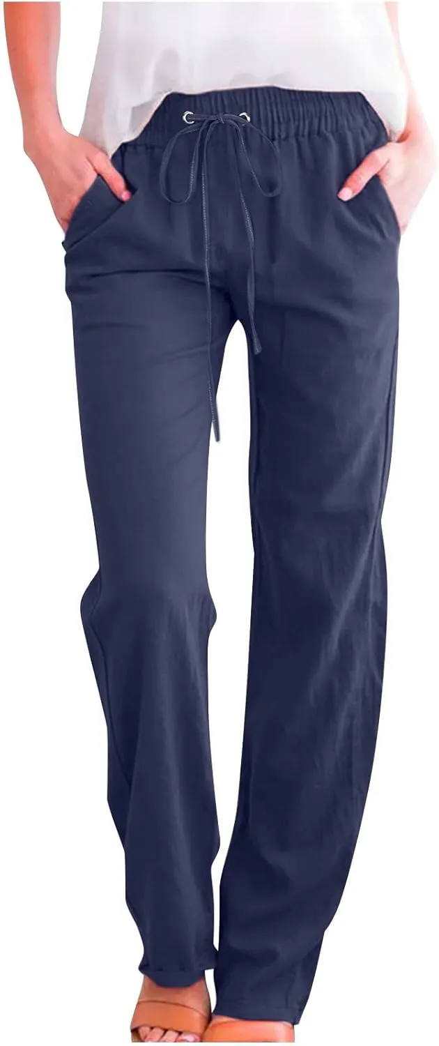 Womens Linen Pants 2025 Summer High Waist Flowy Palazzo Trousers Casual Loose Wide Leg Beach Pants with Pockets