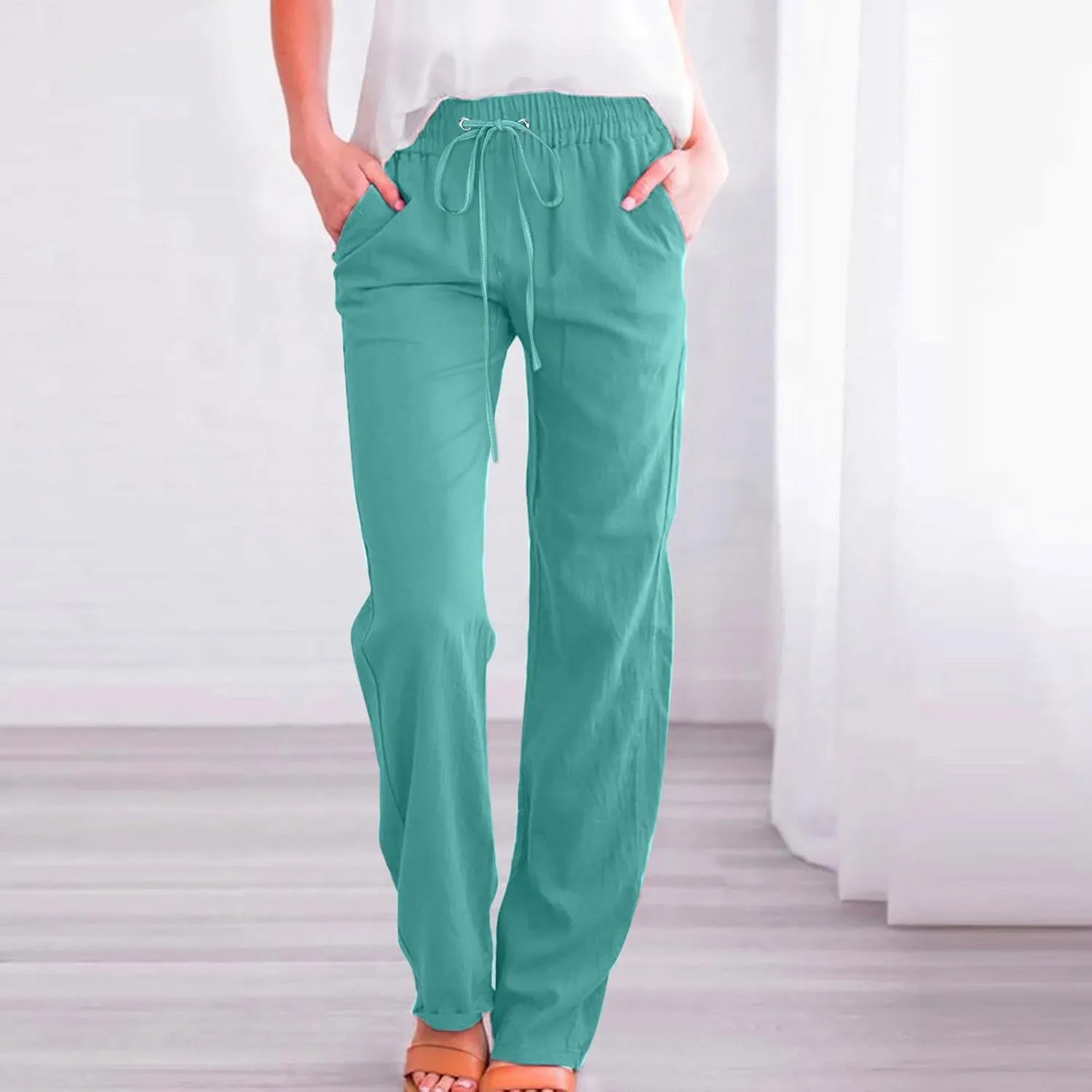 Womens Linen Pants 2025 Summer High Waist Flowy Palazzo Trousers Casual Loose Wide Leg Beach Pants with Pockets