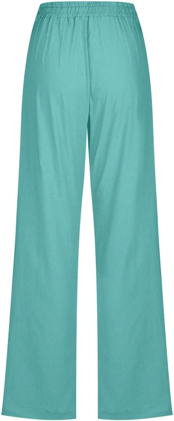 Womens Linen Pants 2025 Summer High Waist Flowy Palazzo Trousers Casual Loose Wide Leg Beach Pants with Pockets