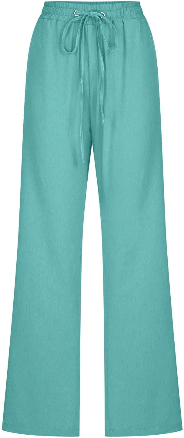 Womens Linen Pants 2025 Summer High Waist Flowy Palazzo Trousers Casual Loose Wide Leg Beach Pants with Pockets