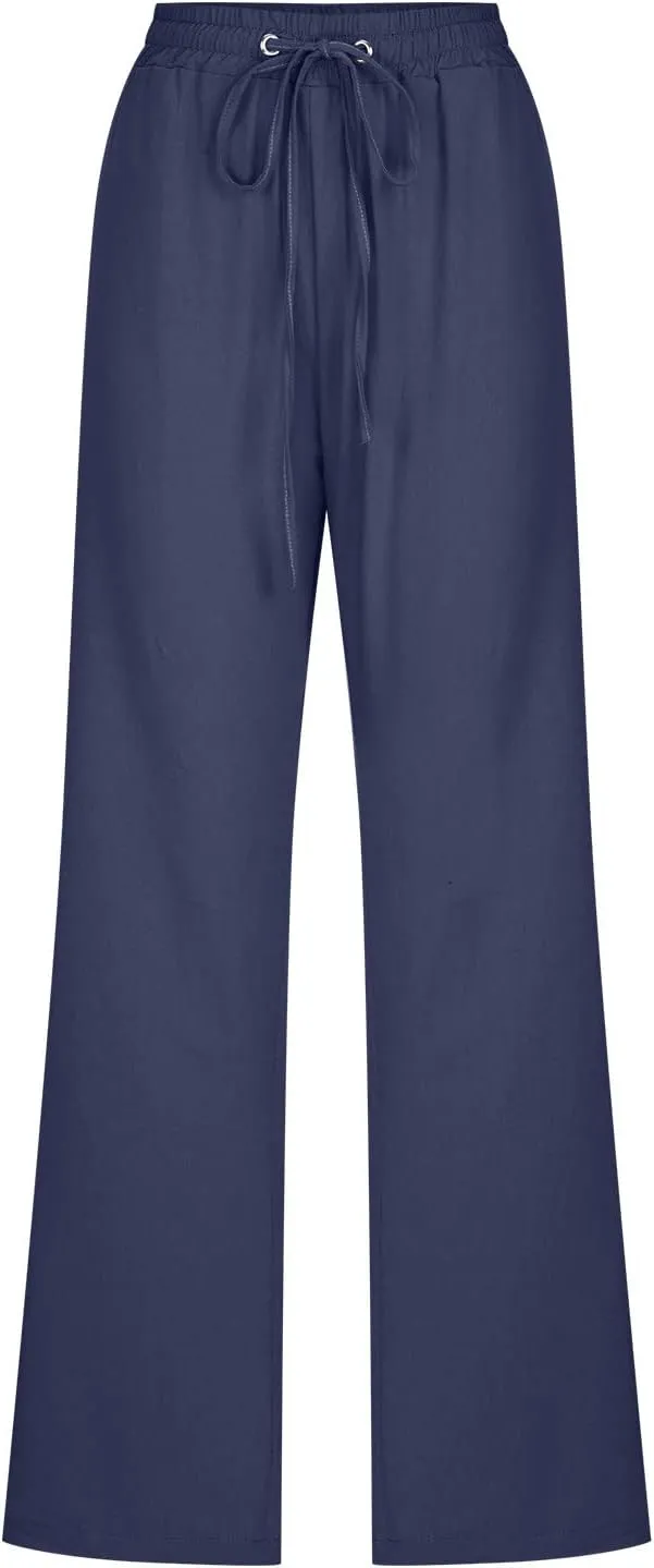 Womens Linen Pants 2025 Summer High Waist Flowy Palazzo Trousers Casual Loose Wide Leg Beach Pants with Pockets