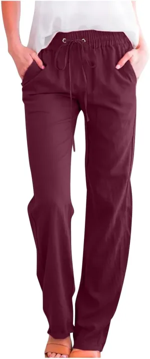 Womens Linen Pants 2025 Summer High Waist Flowy Palazzo Trousers Casual Loose Wide Leg Beach Pants with Pockets