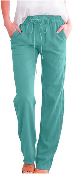 Womens Linen Pants 2025 Summer High Waist Flowy Palazzo Trousers Casual Loose Wide Leg Beach Pants with Pockets