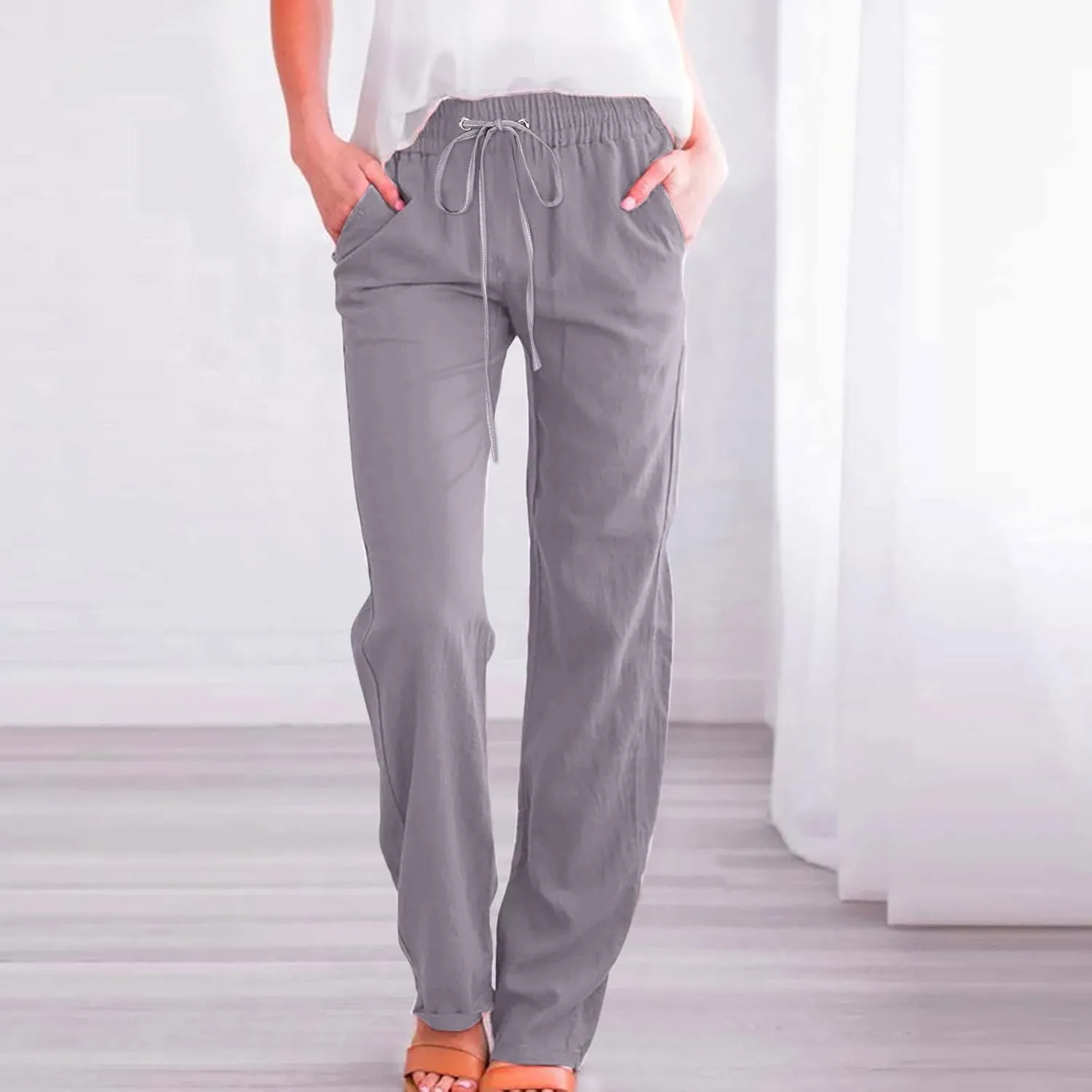Womens Linen Pants 2025 Summer High Waist Flowy Palazzo Trousers Casual Loose Wide Leg Beach Pants with Pockets