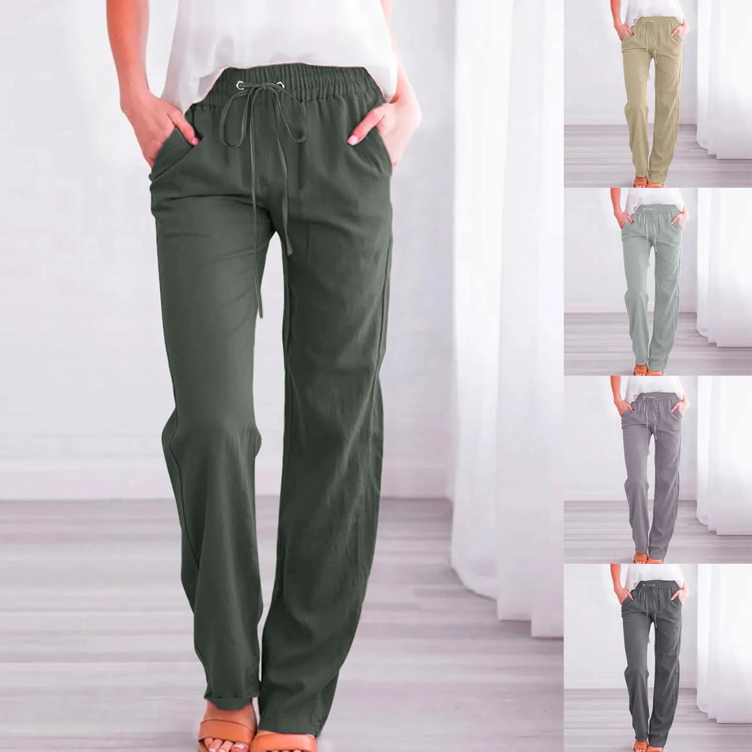 Womens Linen Pants 2025 Summer High Waist Flowy Palazzo Trousers Casual Loose Wide Leg Beach Pants with Pockets