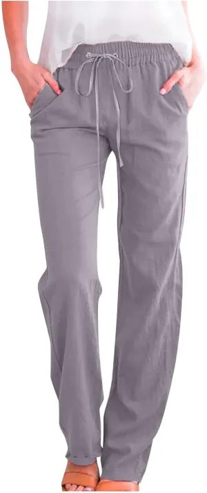 Womens Linen Pants 2025 Summer High Waist Flowy Palazzo Trousers Casual Loose Wide Leg Beach Pants with Pockets