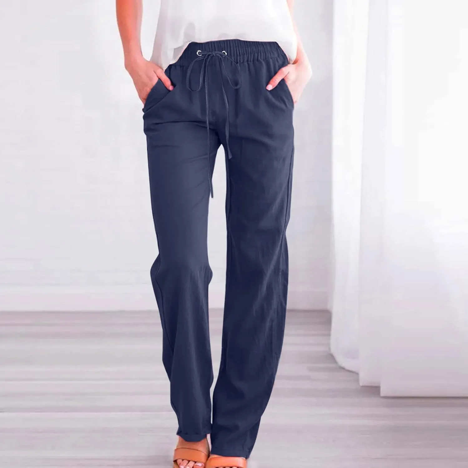 Womens Linen Pants 2025 Summer High Waist Flowy Palazzo Trousers Casual Loose Wide Leg Beach Pants with Pockets