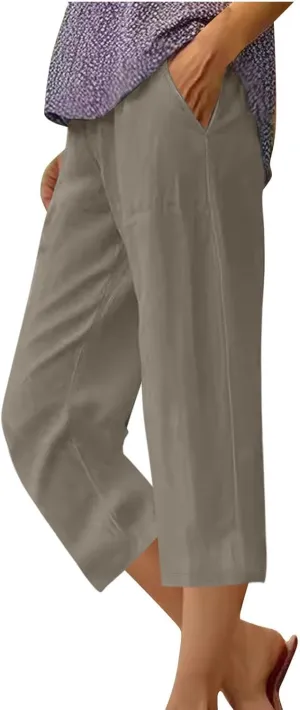 Womens Linen Pants Casual Loose Fit Lounge Trousers Summer Elastic Waist Straight Leg Cropped Palazzo with Pockets