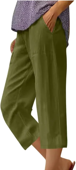 Womens Linen Pants Casual Loose Fit Lounge Trousers Summer Elastic Waist Straight Leg Cropped Palazzo with Pockets