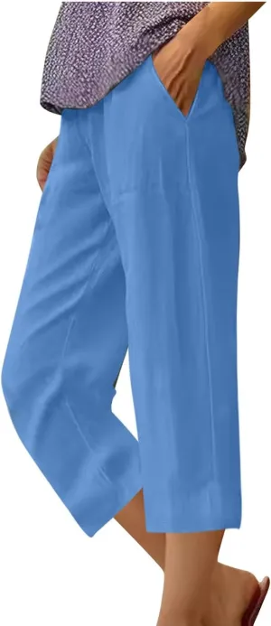 Womens Linen Pants Casual Loose Fit Lounge Trousers Summer Elastic Waist Straight Leg Cropped Palazzo with Pockets