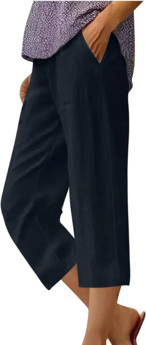 Womens Linen Pants Casual Loose Fit Lounge Trousers Summer Elastic Waist Straight Leg Cropped Palazzo with Pockets