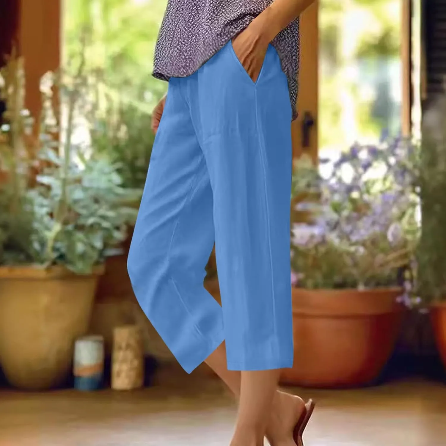 Womens Linen Pants Casual Loose Fit Lounge Trousers Summer Elastic Waist Straight Leg Cropped Palazzo with Pockets