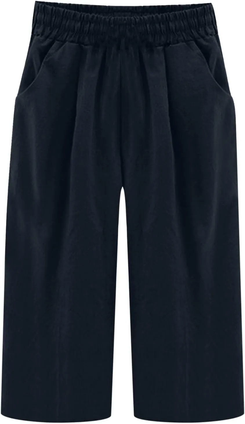 Womens Linen Pants Casual Loose Fit Lounge Trousers Summer Elastic Waist Straight Leg Cropped Palazzo with Pockets