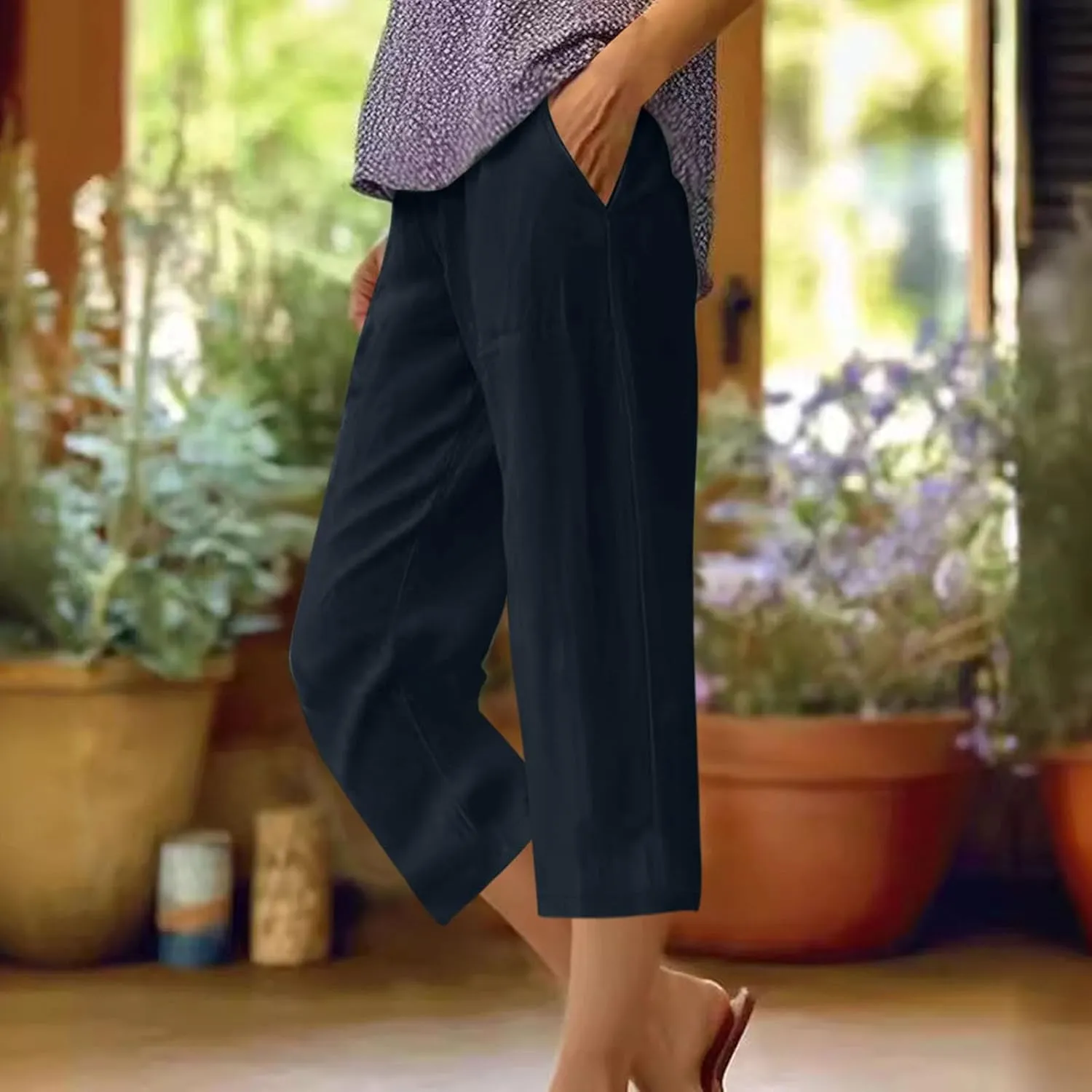 Womens Linen Pants Casual Loose Fit Lounge Trousers Summer Elastic Waist Straight Leg Cropped Palazzo with Pockets