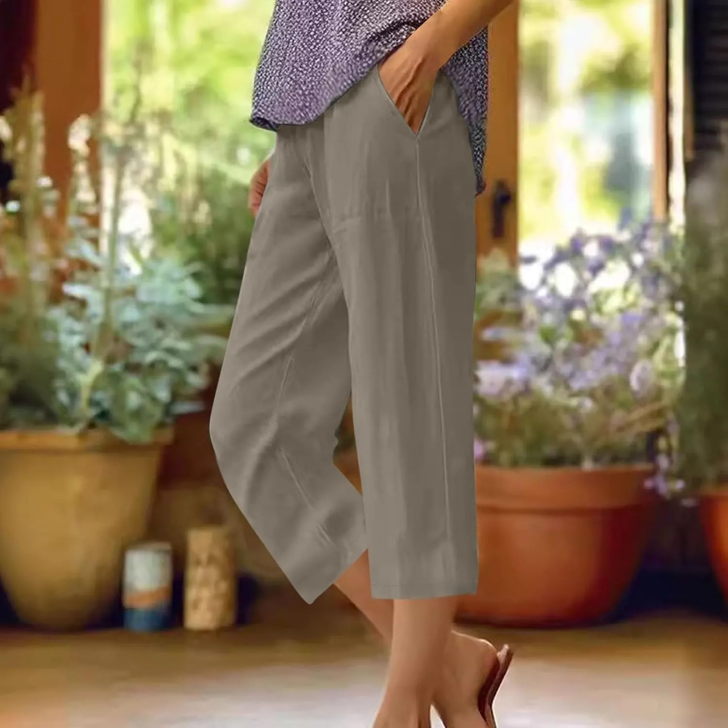 Womens Linen Pants Casual Loose Fit Lounge Trousers Summer Elastic Waist Straight Leg Cropped Palazzo with Pockets