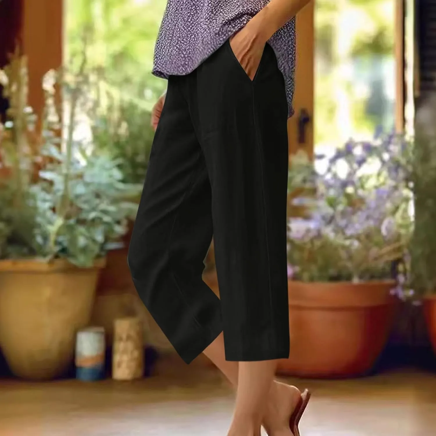 Womens Linen Pants Casual Loose Fit Lounge Trousers Summer Elastic Waist Straight Leg Cropped Palazzo with Pockets