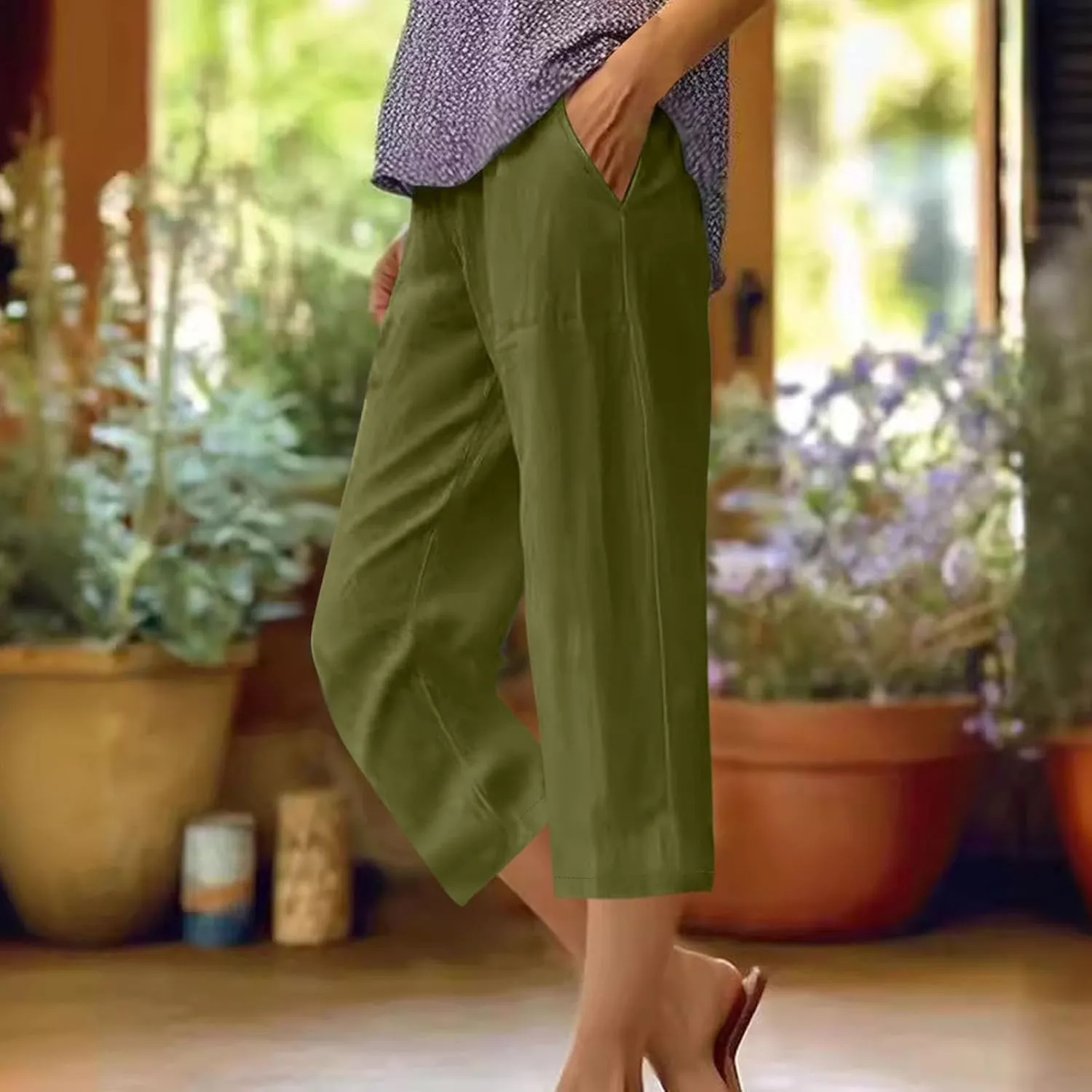 Womens Linen Pants Casual Loose Fit Lounge Trousers Summer Elastic Waist Straight Leg Cropped Palazzo with Pockets