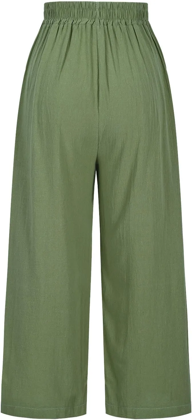 Womens Linen Pants Cotton Linen Embroidered Beach Trousers Summer Casual Wide Leg Cropped Palazzo with Pockets