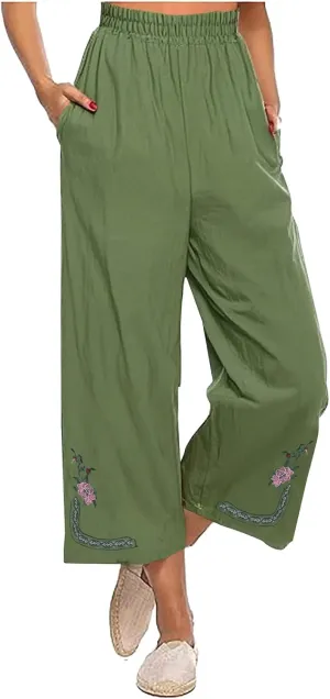 Womens Linen Pants Cotton Linen Embroidered Beach Trousers Summer Casual Wide Leg Cropped Palazzo with Pockets