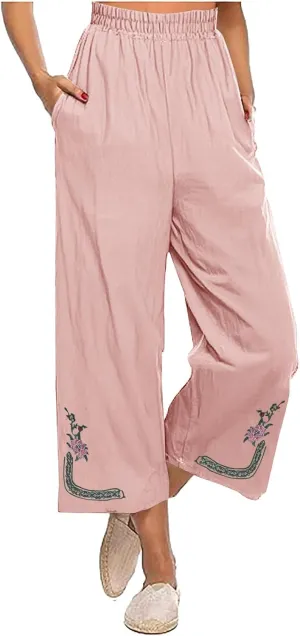 Womens Linen Pants Cotton Linen Embroidered Beach Trousers Summer Casual Wide Leg Cropped Palazzo with Pockets