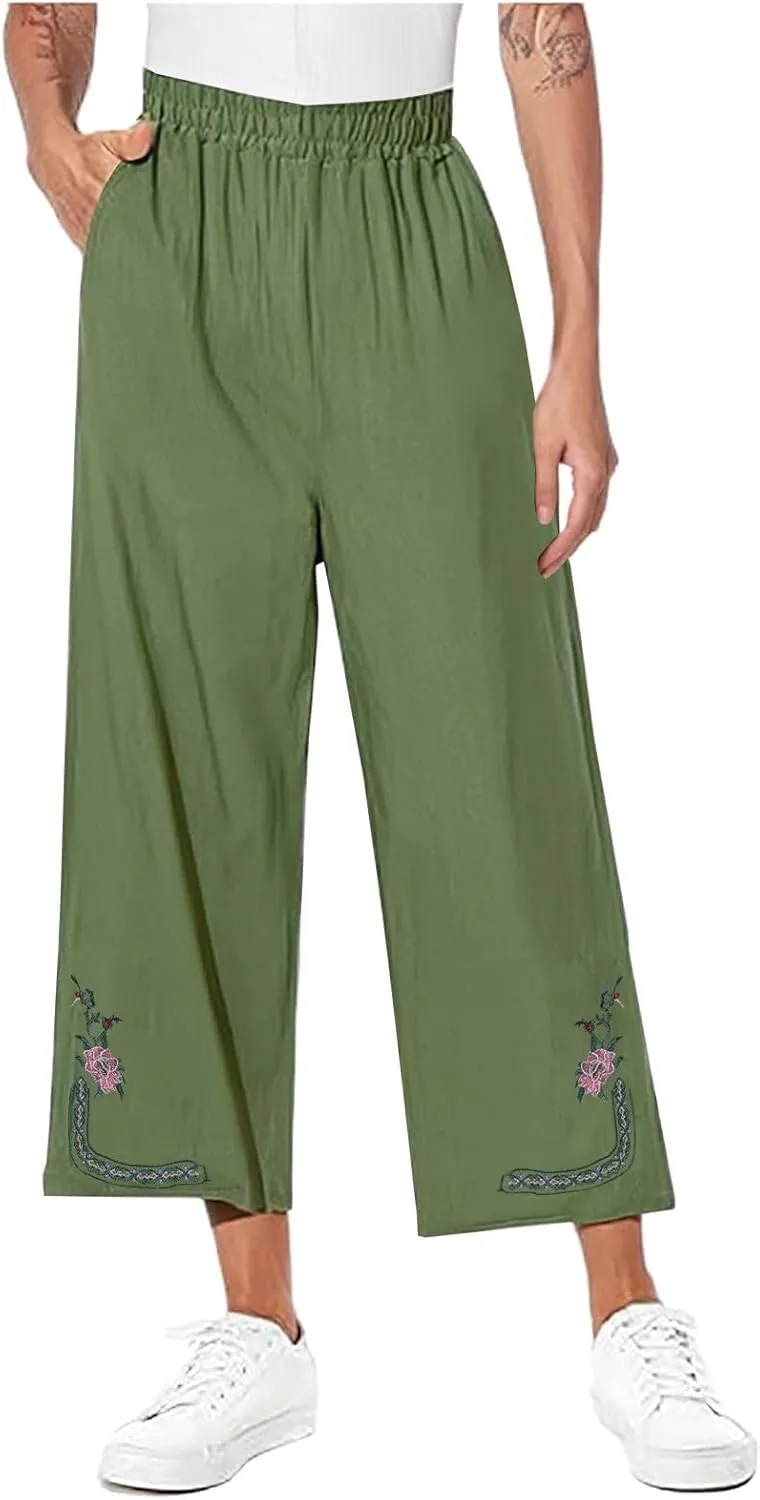 Womens Linen Pants Cotton Linen Embroidered Beach Trousers Summer Casual Wide Leg Cropped Palazzo with Pockets