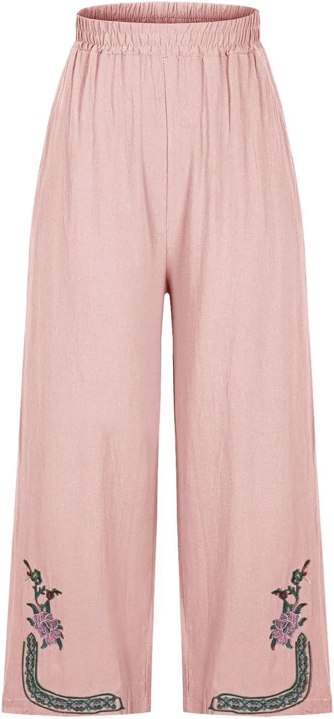 Womens Linen Pants Cotton Linen Embroidered Beach Trousers Summer Casual Wide Leg Cropped Palazzo with Pockets