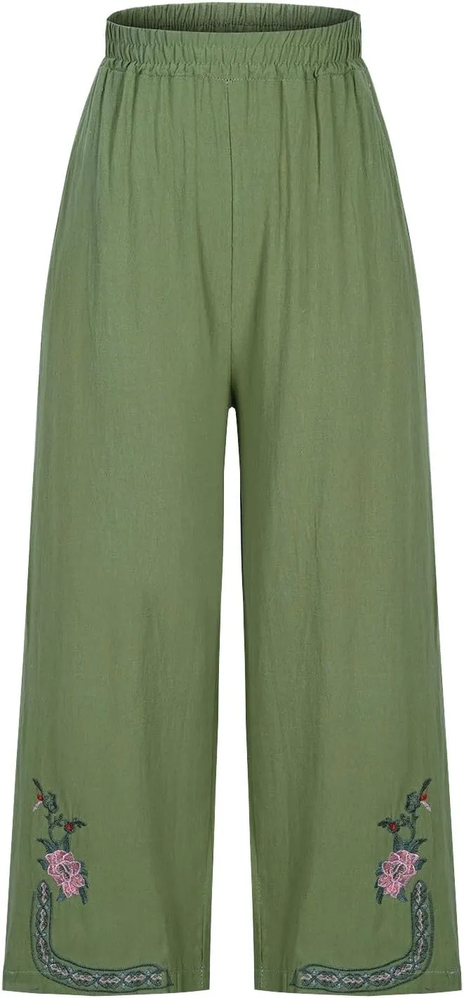 Womens Linen Pants Cotton Linen Embroidered Beach Trousers Summer Casual Wide Leg Cropped Palazzo with Pockets