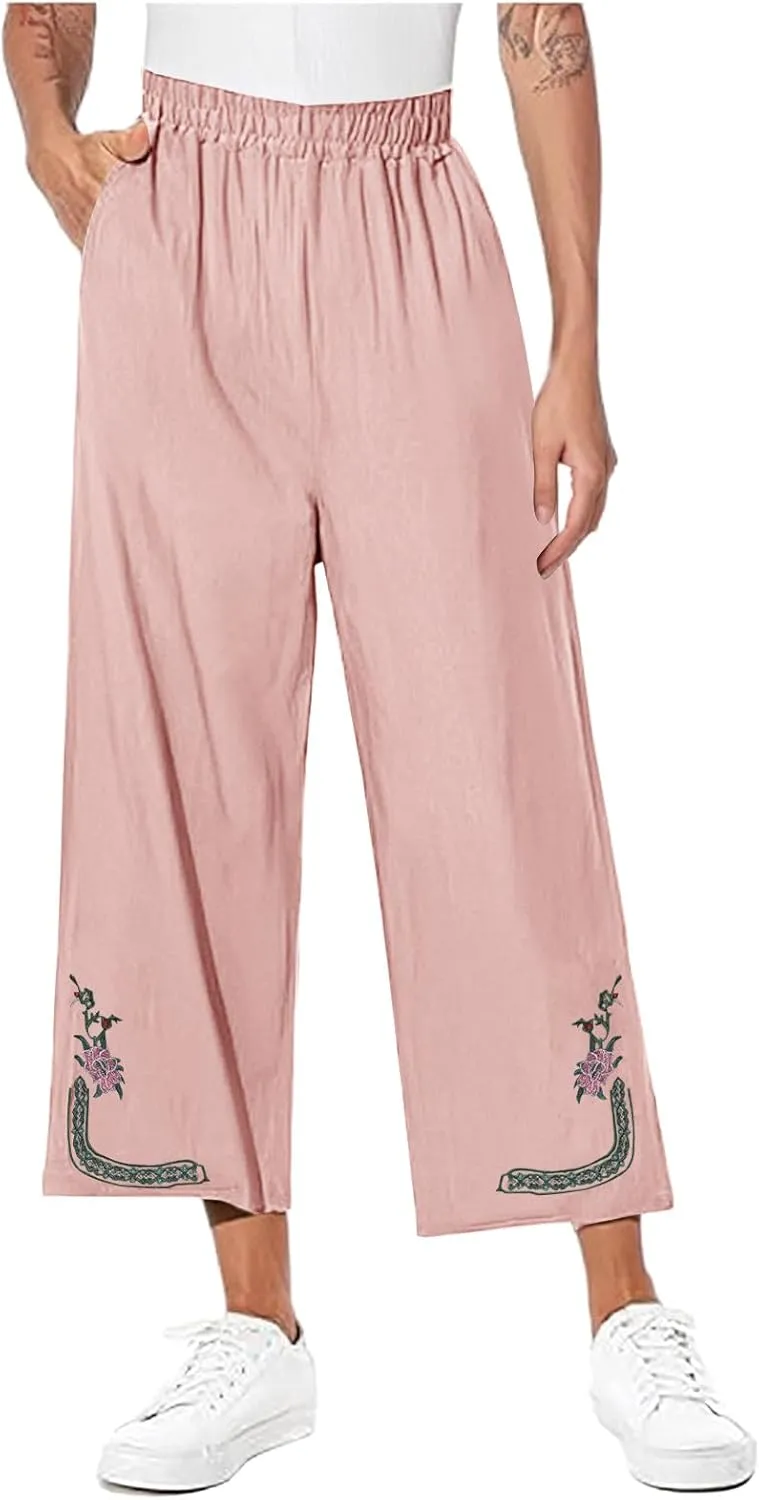 Womens Linen Pants Cotton Linen Embroidered Beach Trousers Summer Casual Wide Leg Cropped Palazzo with Pockets