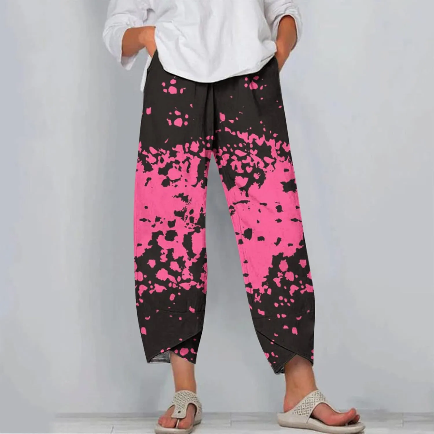 Womens Linen Pants Floral Elastic Waist Tulip Hem Harem Lounge Pants Summer Casual High Waist Wide Leg Trousers
