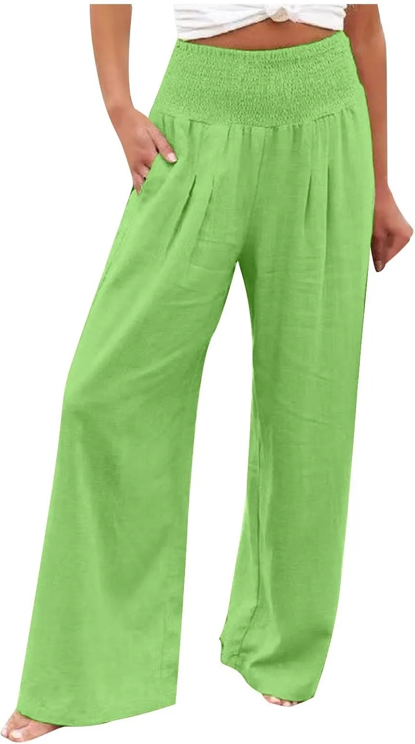 Womens Linen Pants Palazzo Summer Casual Wide Leg Trousers Elastic High Waist Loose Fit Beach Palazzo with Pockets