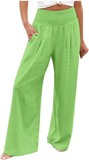 Womens Linen Pants Palazzo Summer Casual Wide Leg Trousers Elastic High Waist Loose Fit Beach Palazzo with Pockets
