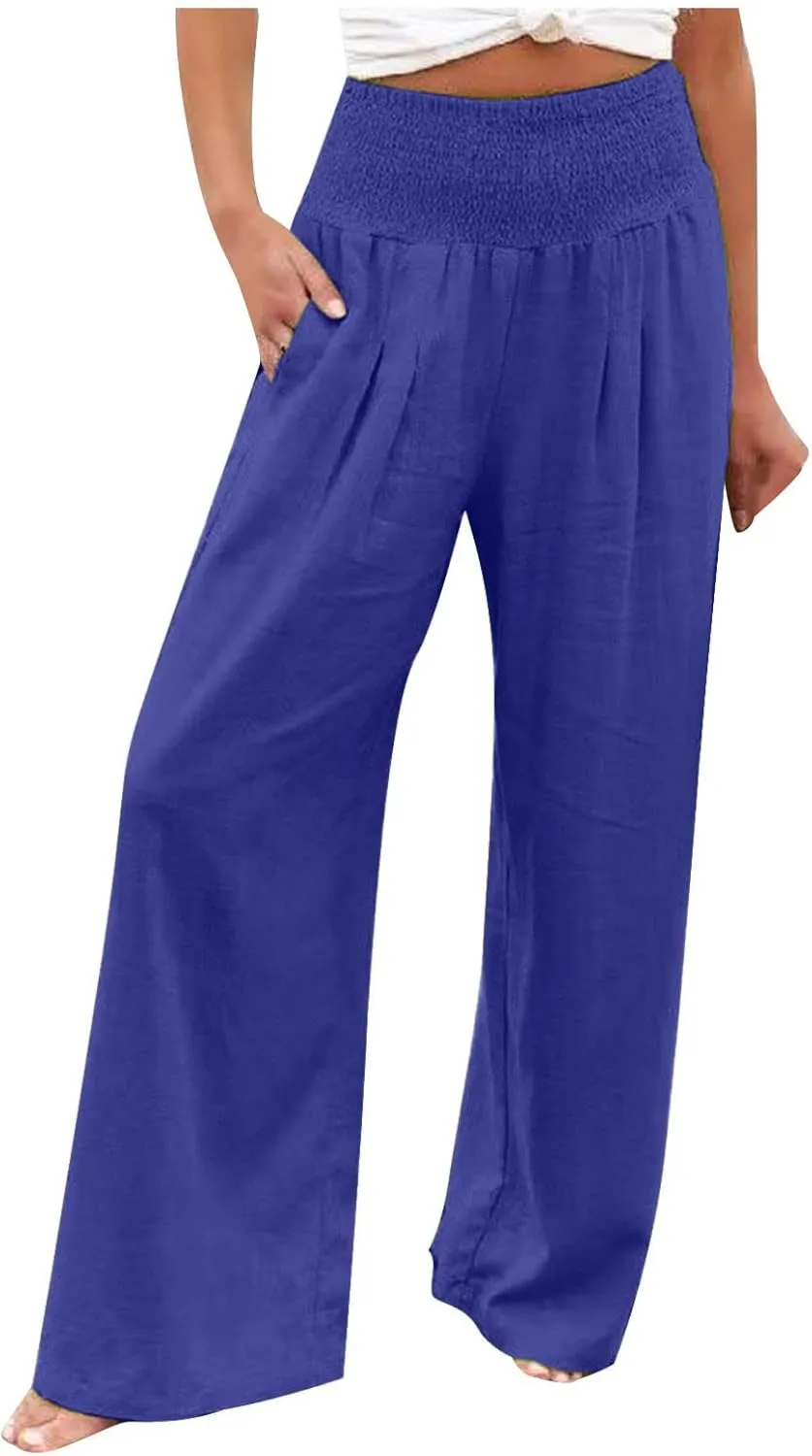 Womens Linen Pants Palazzo Summer Casual Wide Leg Trousers Elastic High Waist Loose Fit Beach Palazzo with Pockets