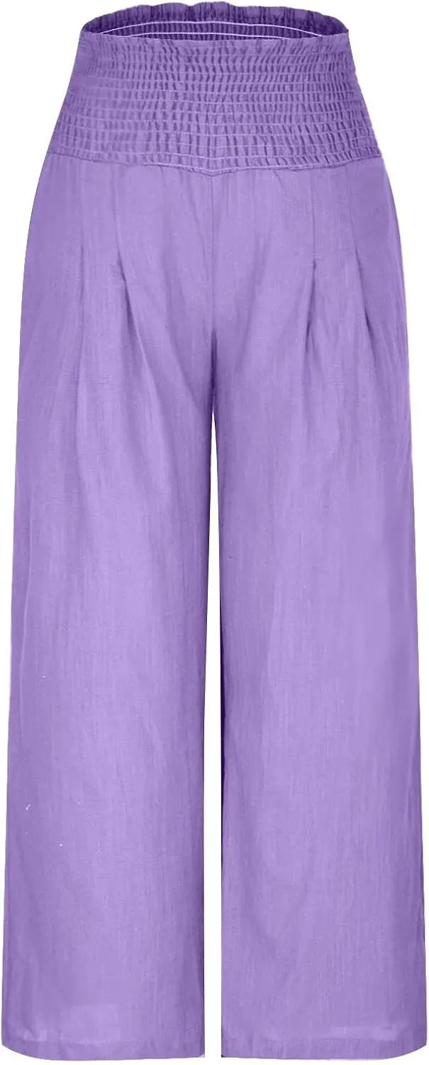 Womens Linen Pants Palazzo Summer Casual Wide Leg Trousers Elastic High Waist Loose Fit Beach Palazzo with Pockets