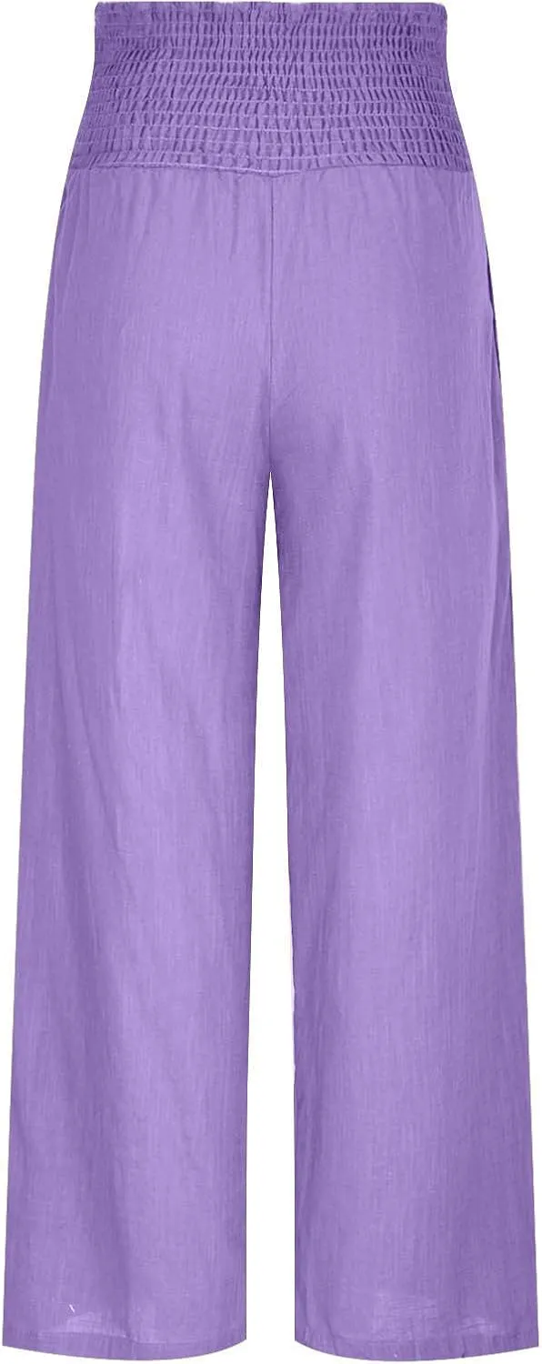 Womens Linen Pants Palazzo Summer Casual Wide Leg Trousers Elastic High Waist Loose Fit Beach Palazzo with Pockets