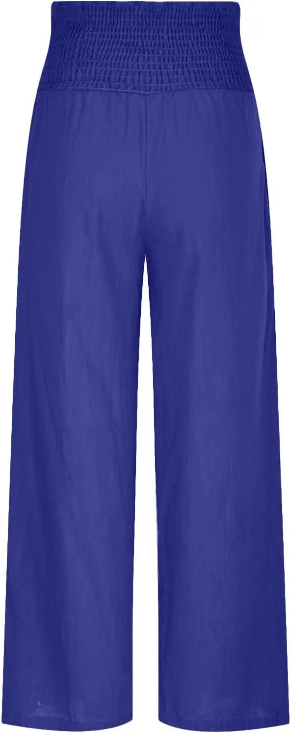 Womens Linen Pants Palazzo Summer Casual Wide Leg Trousers Elastic High Waist Loose Fit Beach Palazzo with Pockets
