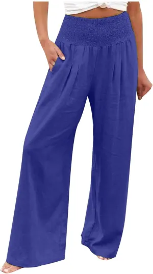 Womens Linen Pants Palazzo Summer Casual Wide Leg Trousers Elastic High Waist Loose Fit Beach Palazzo with Pockets