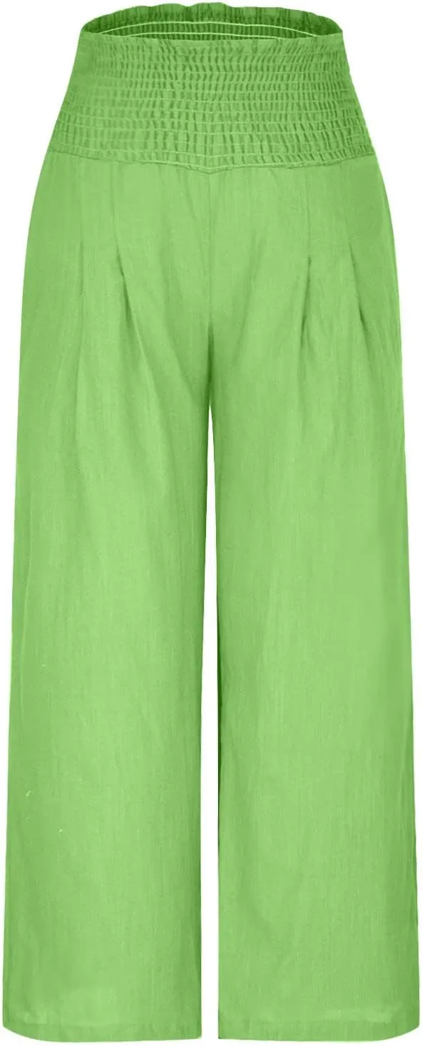 Womens Linen Pants Palazzo Summer Casual Wide Leg Trousers Elastic High Waist Loose Fit Beach Palazzo with Pockets